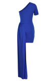 Bleu mode décontracté solide Patchwork dos nu col Oblique manches courtes robe robes