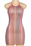 カラーファッションセクシープリント包帯シースルーバックレスOネックノースリーブドレス
