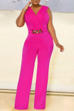 Yellow Casual Elegant Solid Patchwork V Neck Straight Jumpsuits