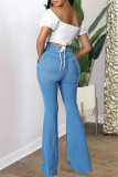 Mellanblå Mode Casual Solid Ripped Hög midja Vanliga denim jeans
