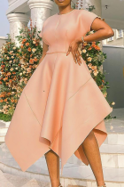 Apricot Pink Fashion Solid Patchwork O-Ausschnitt Unregelmäßige Kleider