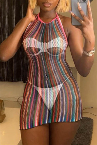Colour Fashion Sexy Print Bandage See-through Backless O Neck Sleeveless Dress