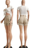 Khaki Sexy Solid Patchwork Pocket Knotted V Neck Short Sleeve Two Pieces