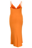 Vestido de tirantes con cuello en V de patchwork sólido de talla grande sexy de moda naranja