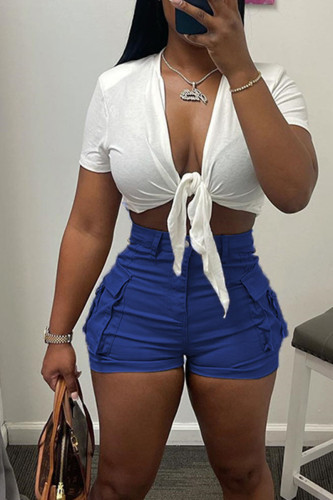 Blue Sexy Solid Patchwork Pocket Knotted V Neck Short Sleeve Two Pieces