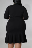 Черная модная повседневная сплошная повязка в стиле пэчворк с V-образным вырезом и завернутой юбкой Платья больших размеров