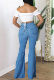 Mellanblå Mode Casual Solid Ripped Hög midja Vanliga denim jeans