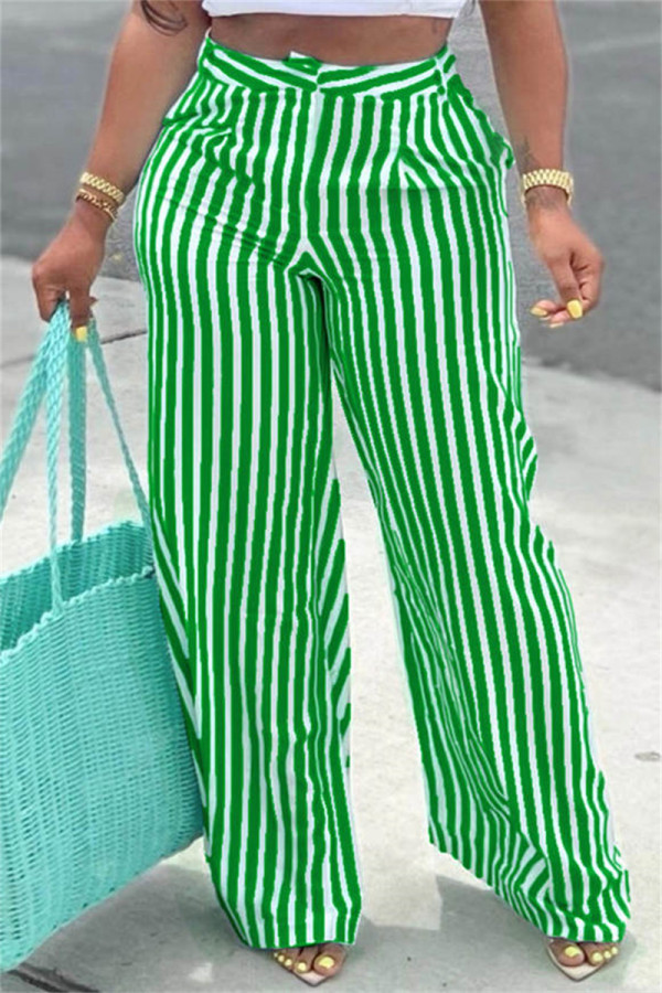 Pantalones casuales de moda con estampado de rayas patchwork regular de cintura alta verde