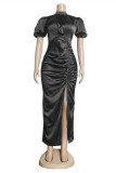 Black Fashion Casual Solid Slit Fold Turtleneck One Step Skirt Plus Size Dresses
