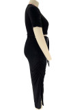 Black Casual Solid Bandage Patchwork Slit O Neck Plus Size Two Pieces
