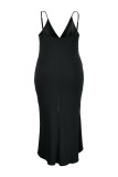 Mode noire sexy grande taille solide patchwork col en V robe fronde