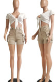 Khaki Sexy Solid Patchwork Pocket Knotted V Neck Short Sleeve Two Pieces