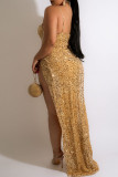 Абрикосовое сексуальное однотонное платье с блестками в стиле пэчворк, прозрачное платье на бретельках с разрезом, платья