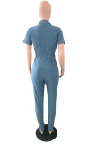 Baby Blue Fashion Casual Solid Patchwork Turndown Collar Regular Jumpsuits