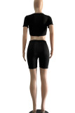 Black Sexy Solid Patchwork Knotted V Neck Short Sleeve Two Pieces