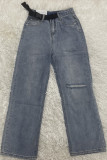 Jeans jeans azul fashion casual sólido rasgado cintura alta regular