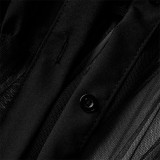 Vestido preto fashion casual plus size sólido patchwork transparente com gola aberta manga curta