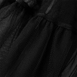 Schwarzes, modisches, lässiges, festes, durchsichtiges Patchwork-Kleid mit Umlegekragen und kurzen Ärmeln