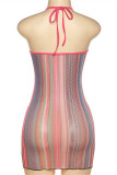 Färg Mode Sexigt tryck Bandage Genomskinlig rygglös O-hals ärmlös klänning