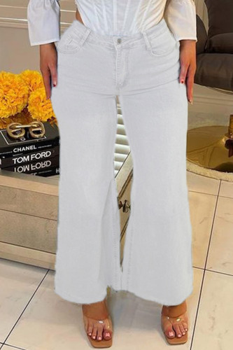 White Fashion Casual Solid Patchwork High Waist Regular Denim Jeans