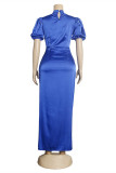 Azul Moda Casual Sólido Slit Fold Cuello alto Falda de un paso Vestidos de talla grande