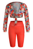 Red Fashion Casual Print Bandage V Neck Long Sleeve Two Pieces