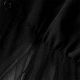 Zwarte mode casual plus size effen patchwork doorschijnende turndown kraag korte mouw jurk