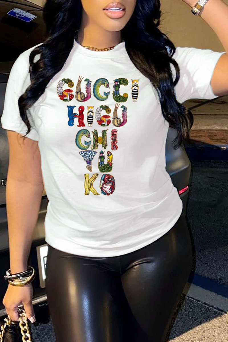 

White Fashion Casual Print Letter O Neck T-Shirts