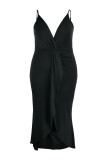 Schwarze Mode Sexy Plus Size Solid Patchwork V-Ausschnitt Sling Dress