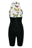Black White Fashion Casual Butterfly Print Patchwork Half A Turtleneck Skinny Romper