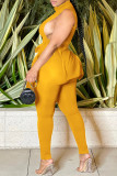 オレンジファッションカジュアルソリッド包帯スリットハーフタートルネックノースリーブツーピース