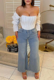 Witte mode casual effen patchwork hoge taille regular denim jeans