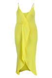 Желтое модное сексуальное платье больших размеров в стиле пэчворк с V-образным вырезом на бретелях