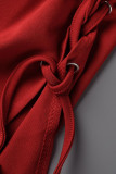 レッドファッションカジュアルソリッド包帯Oネック半袖ツーピース