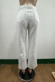 Witte mode casual effen patchwork hoge taille regular denim jeans