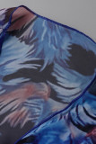 Blue Fashion Sexy Print Hollowed Out Cardigan Swimwears