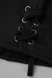 ブラックファッションカジュアルソリッド包帯Vネック半袖ツーピース
