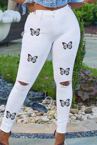 White Fashion Casual Butterfly Print Ripped High Waist Skinny Denim Jeans