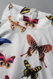 Preto branco moda casual borboleta estampa patchwork meio gola alta macacão skinny