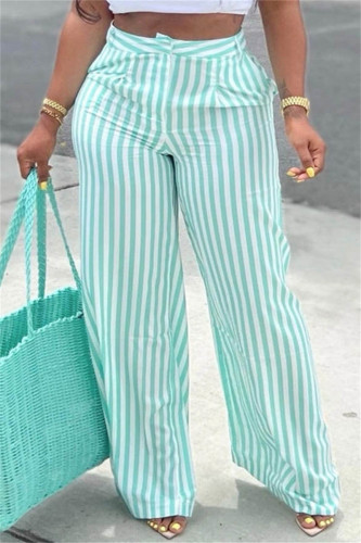 Pantaloni a vita alta regolari con stampa patchwork a righe casual alla moda ciano