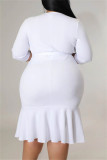 Vit Mode Casual Solid Bandage Patchwork V-hals omslagen kjol Plus Size Klänningar