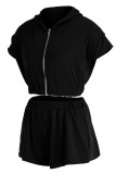 Black Fashion Casual Solid Basic Zipper Collar Short Sleeve Two Pieces