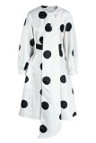 White Elegant Print Polka Dot Patchwork With Belt With Bow O Neck A Line Dresses(Contain The Belt)