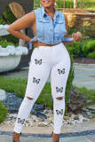 White Fashion Casual Butterfly Print Ripped High Waist Skinny Denim Jeans