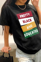 Camisetas con cuello en O de letras de patchwork con estampado de calle de moda negro