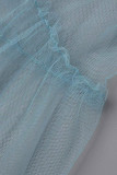 Abito a camicia con colletto turndown in rete patchwork solido blu moda casual