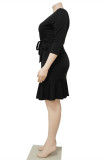 ブラック ファッション カジュアル ソリッド バンデージ パッチワーク V ネック ラップ スカート プラス サイズ ドレス