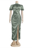 グリーンファッションカジュアルソリッドスリットフォールドタートルネックワンステップスカートプラスサイズのドレス