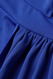 Azul moda casual sólido retalhos sem costas gola oblíqua vestidos de manga curta
