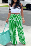 Calça verde moda casual listrada patchwork regular cintura alta
